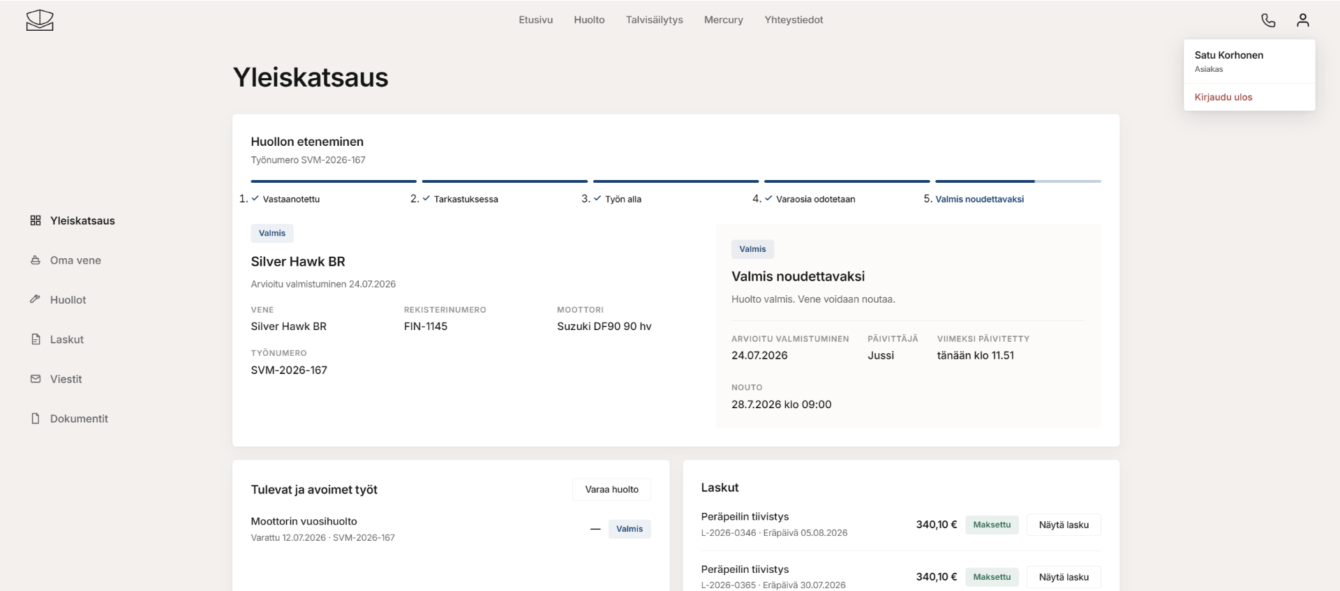 Asiakasportaalin dashboard näkymä